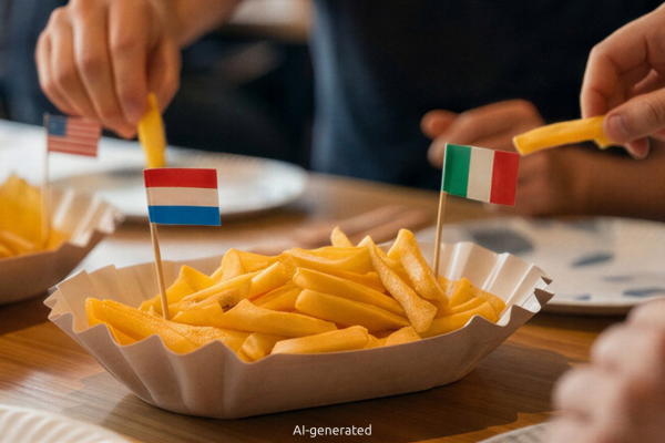 Menschen essen Pommes aus einer Schale