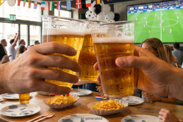 Menschen stoßen mit Bierbechern an