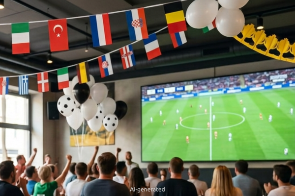 Menschen feiern Fußball beim Public Viewing in Gastronomie
