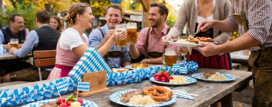 Menschen feiern mit bayrischem Einweggeschirr das Oktoberfest