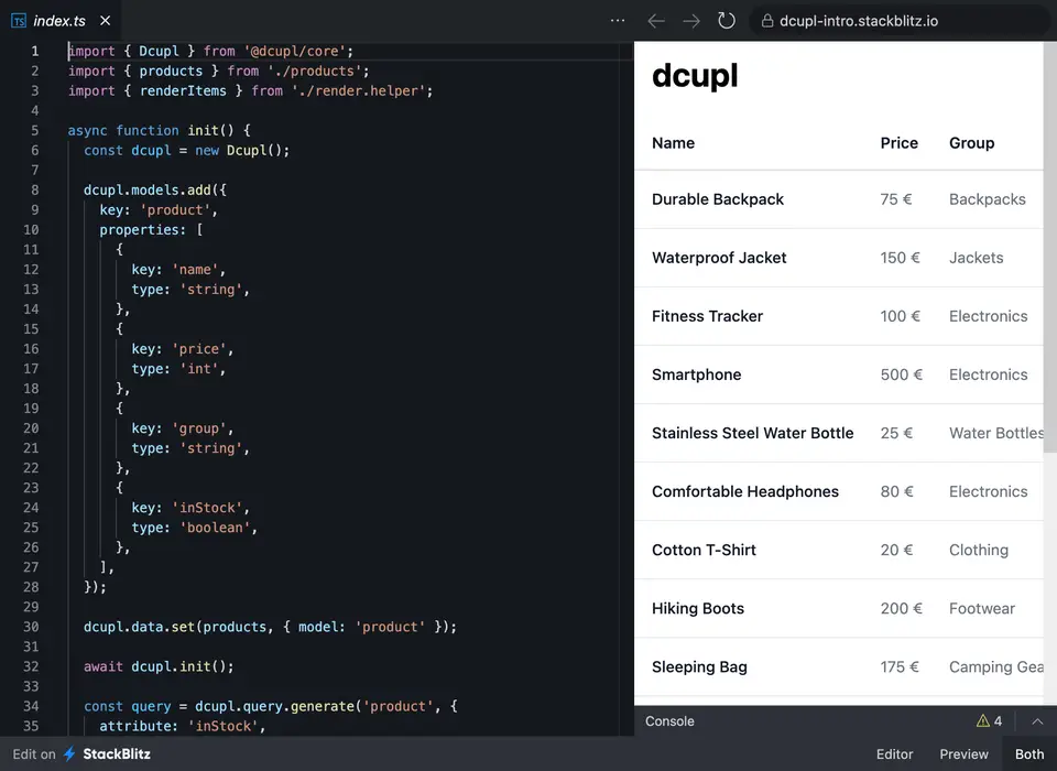 Stackblitz - start developing your application with dcupl