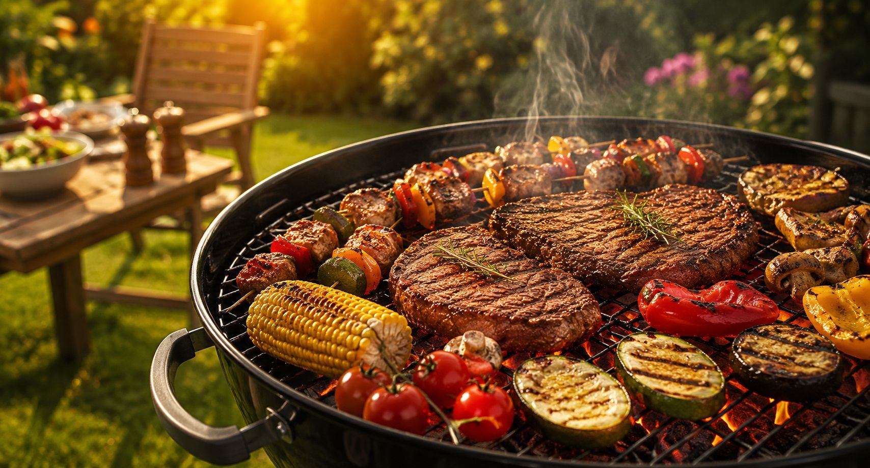 A sizzling barbecue grill with steaks, colorful veggies, corn, and kebabs under a warm sunset, with a table in the background.
