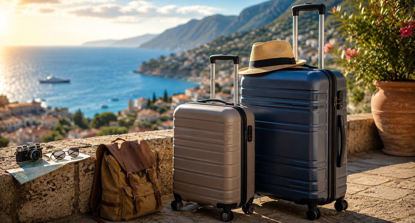 Two suitcases and a straw hat overlook a coastal town and sea. Nearby are a camera, sunglasses, map, and backpack on a stone ledge.