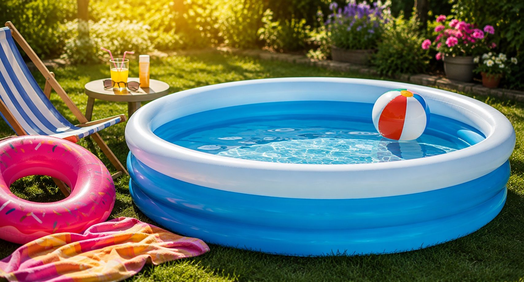 Inflatable kiddie pool with a beach ball, pink float, and striped chair on grass. Nearby, drinks, sunglasses, and sunscreen under sunny skies.