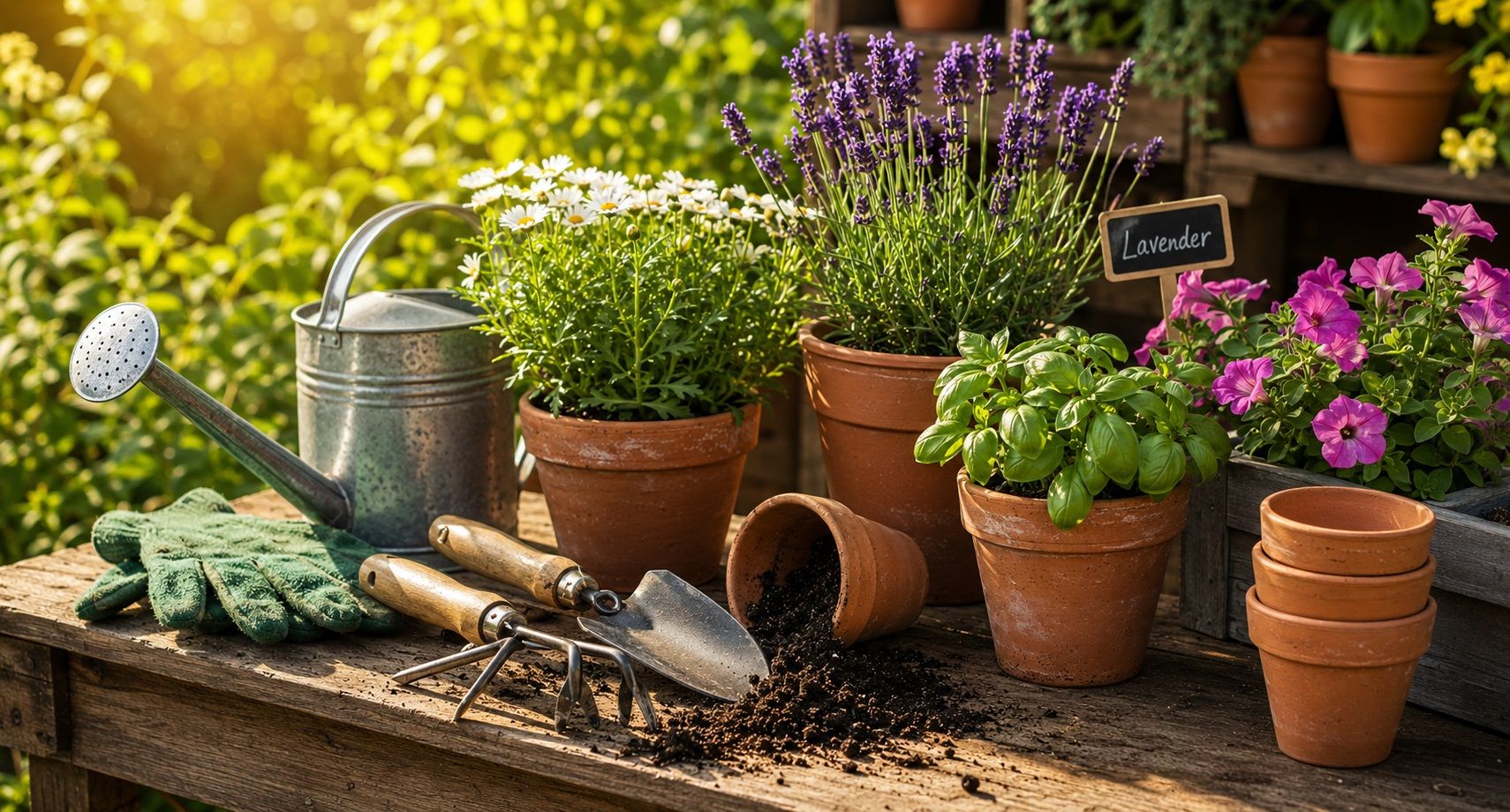 Gardening tools, gloves, and a watering can on a wooden table with potted daisies, lavender, basil, and petunias in bright sunlight.