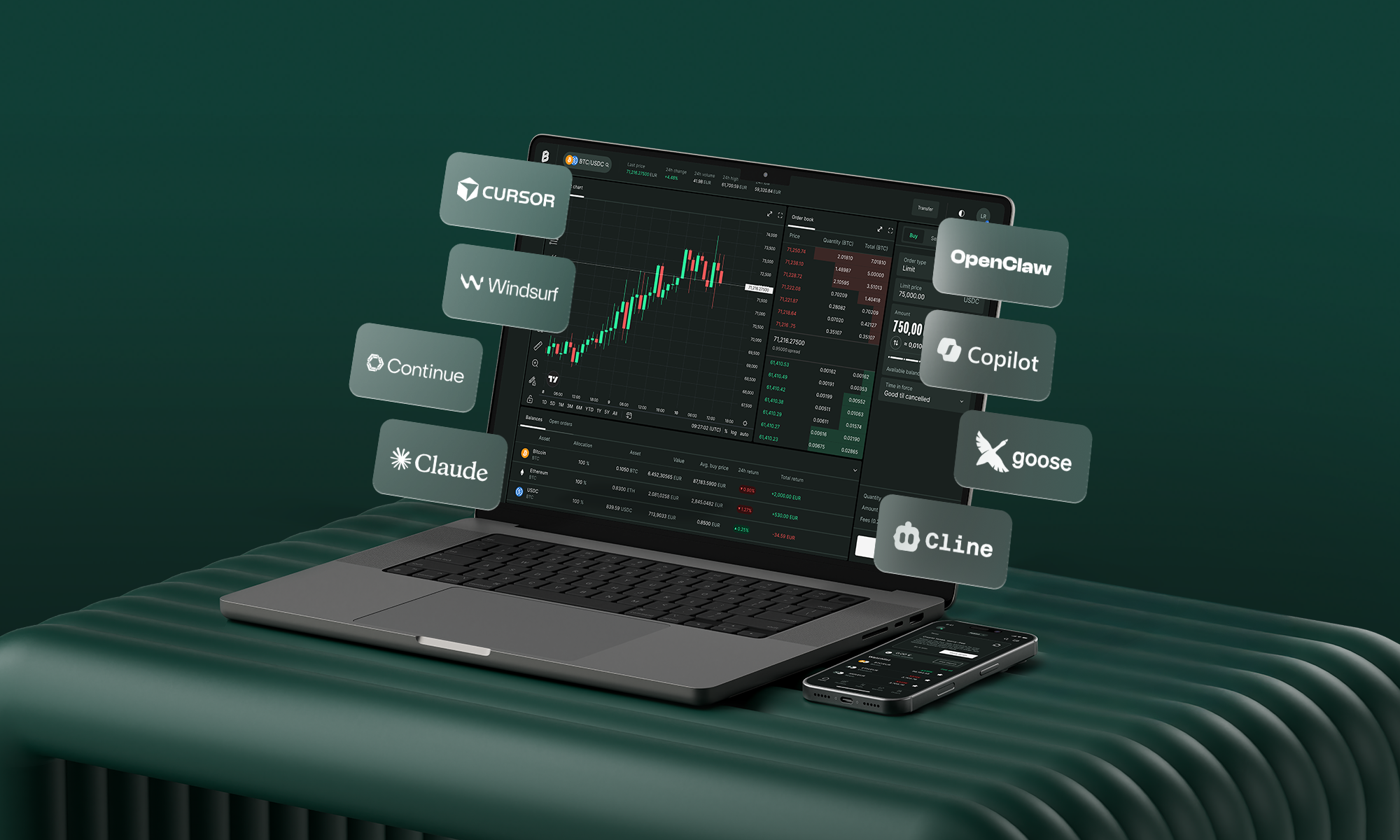 AI assistant connected to Bitpanda Fusion can read my order book, quote a spread, shown on desktop picture.