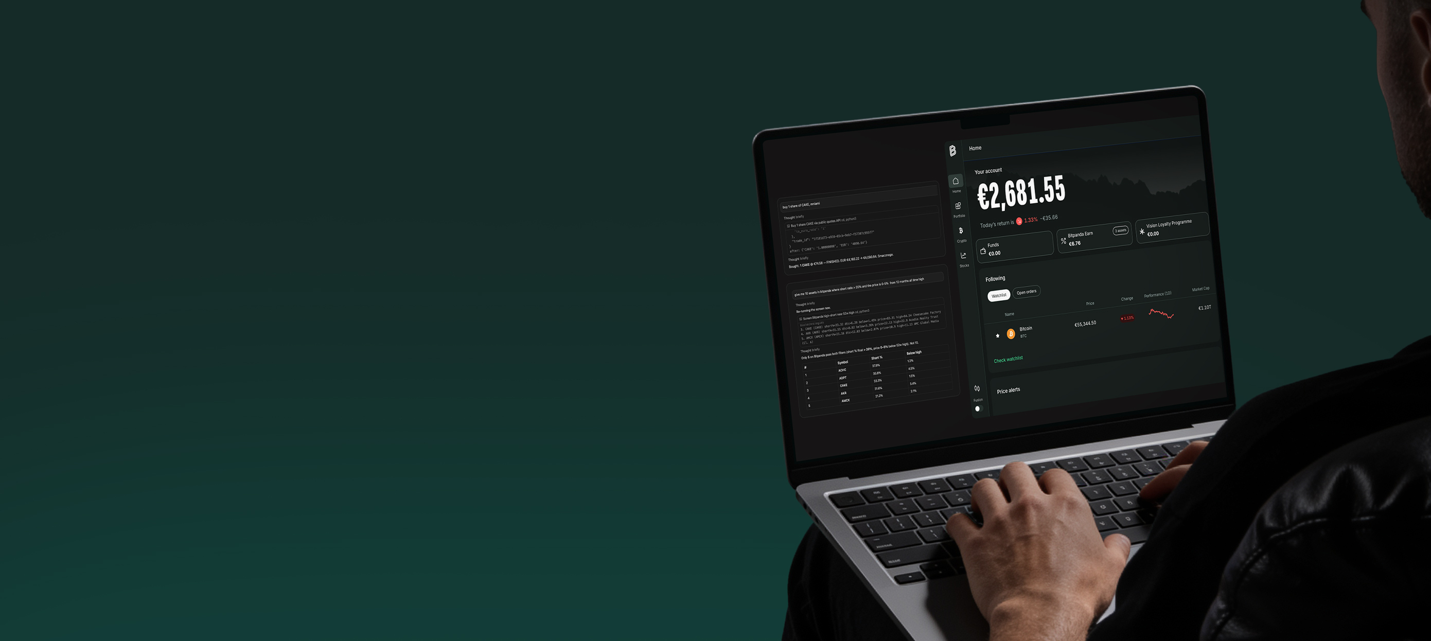 Person nutzt auf einem Laptop einen KI-Assistenten neben dem Bitpanda-Dashboard zur Portfolioverwaltung.