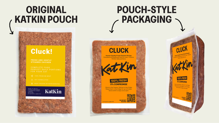 Product shots of KatKin new pouch-style packaging compared to old pouches