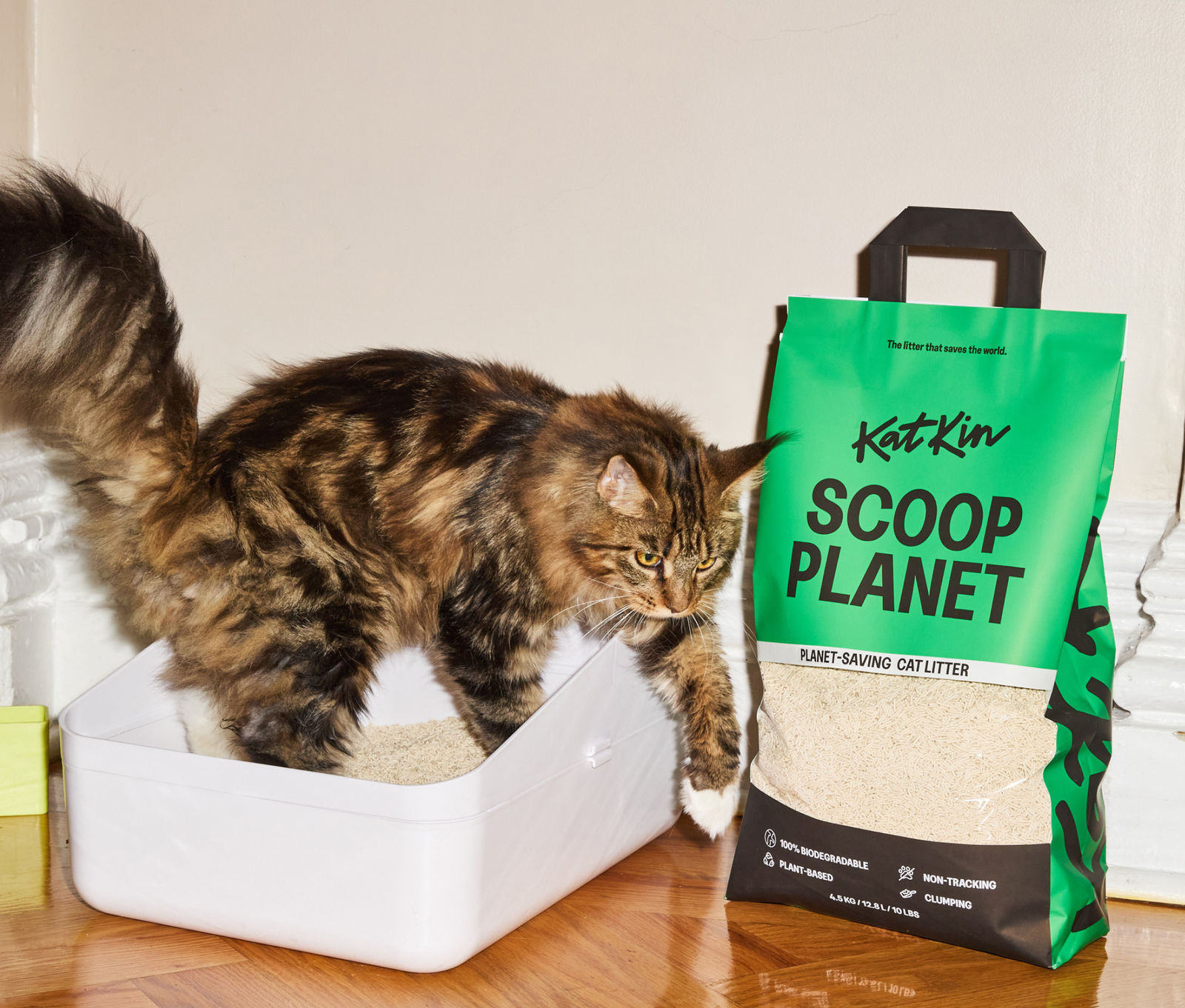 Cat stepping out of litter tray next to a bag of KatKin Scoop Planet