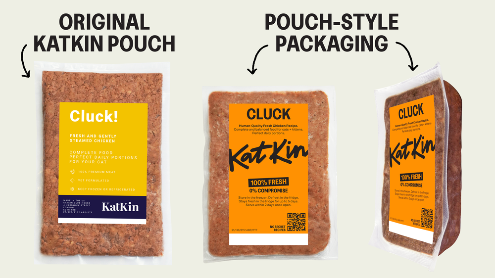 Original KatKin pouch compared to new pouch-style packaging. The new packaging is smaller but thicker.