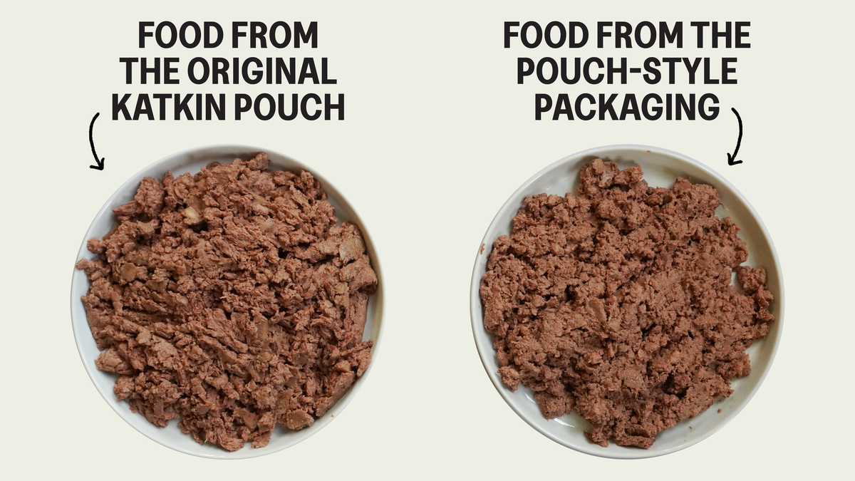 Comparison of two bowls filled with KatKin fresh food. One bowl has text saying 'food from the original KatKin pouch'. The other bowl has text reading 'food from the pouch-style packaging'