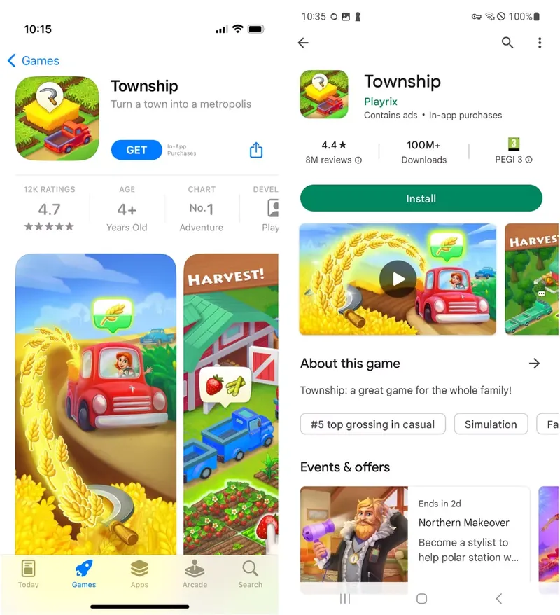 captura de tela do jogo Township na Apple Store e Google Play