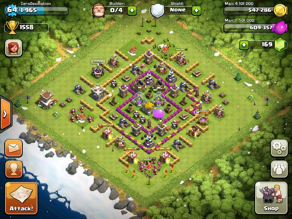Screenshot of a village in the mobile game Clash of Clans