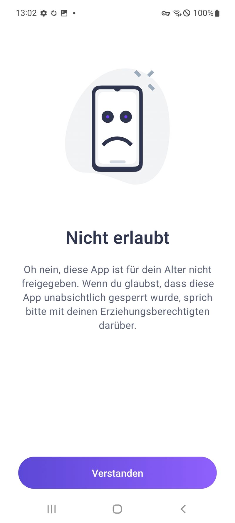 Screenshot von Fehleranzeige in Ohana, wenn Kind versucht eine App zu öffnen, die über der Altersbeschränkung liegt