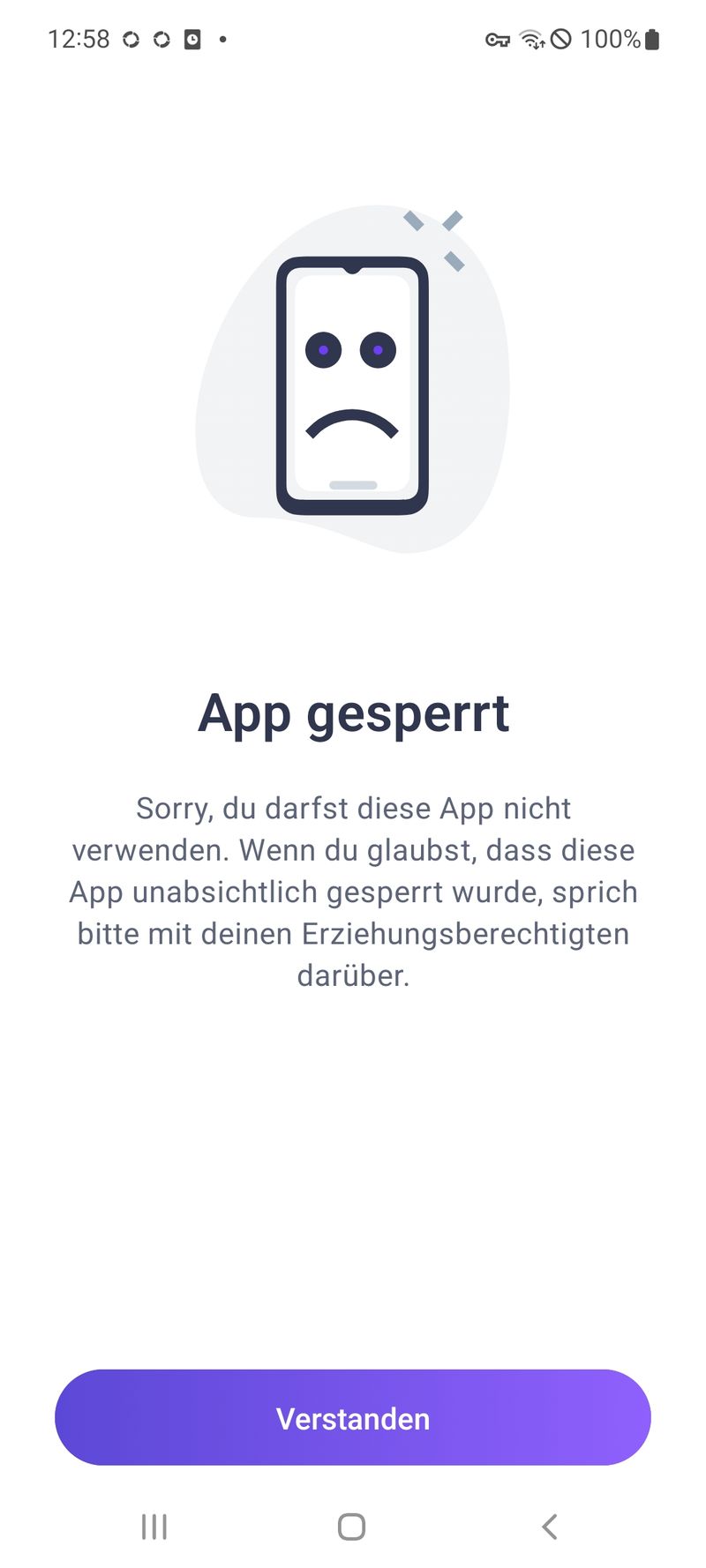 Screenshot von Fehleranzeige in Ohana, wenn ein Kind eine blockierte App öffnen möchte