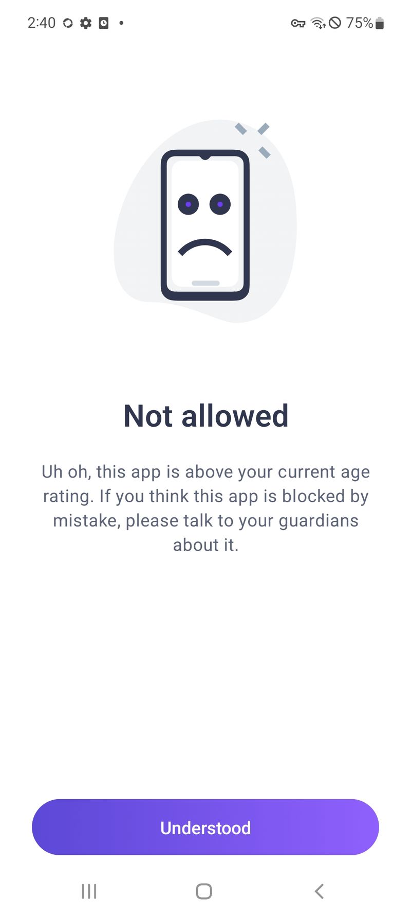 Screenshot of Ohana app showing app is blocked on child's device because it's above the age restriction