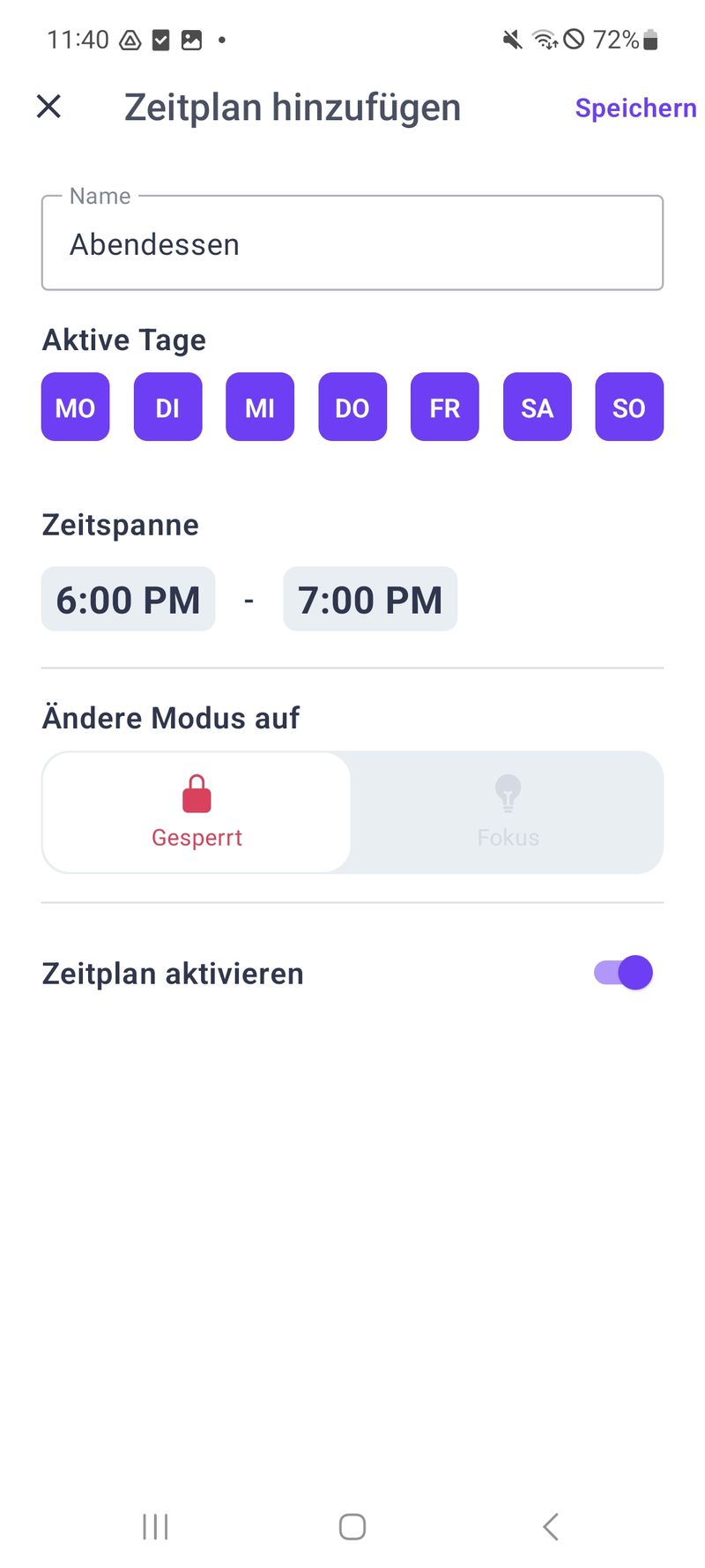 Screenshot von der Erstellung eines Zeitplans für Abendessen