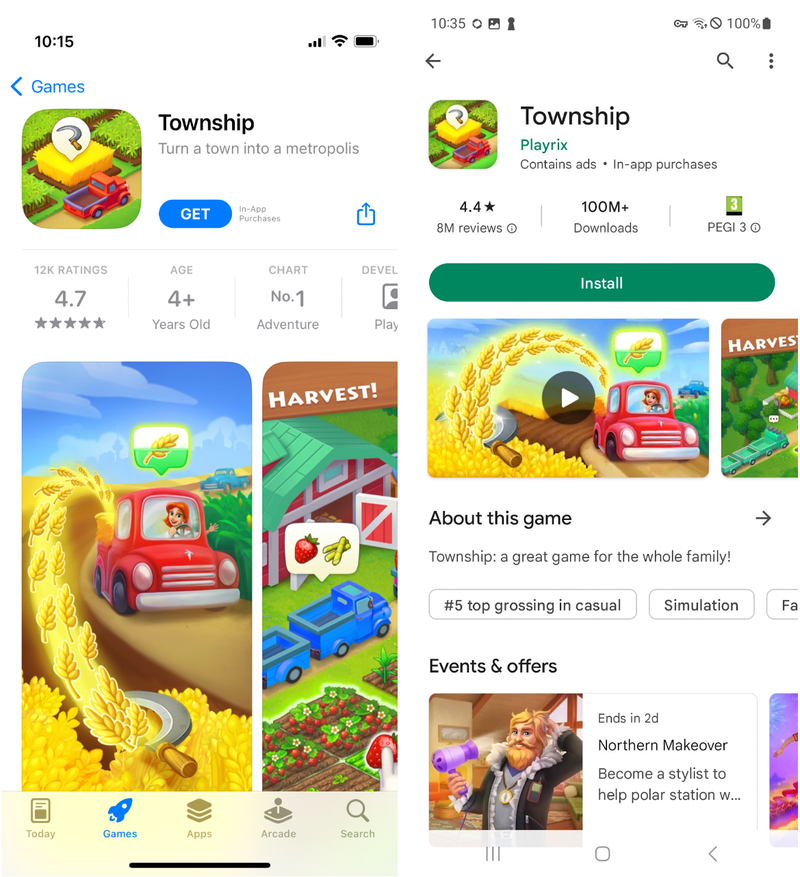 App detail page of the mobile game Township, in Apple's App Store and Google's Play Store