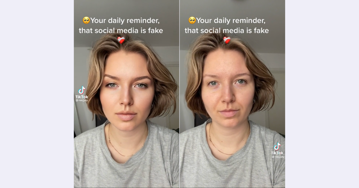 Vor- und nachher einer TikTok Userin, die einen Schönheitsfilter benutzt hat