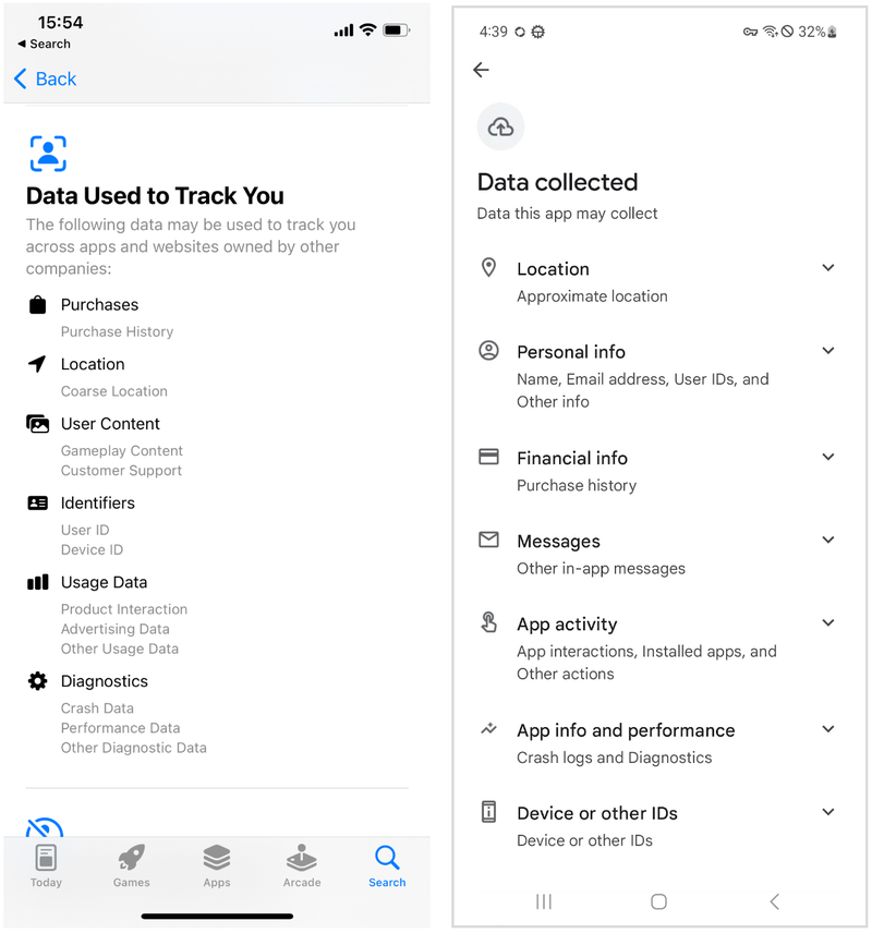 Screenshots of Apple's App Store and Google's Play Store, showing a list of data that an app tracks of user