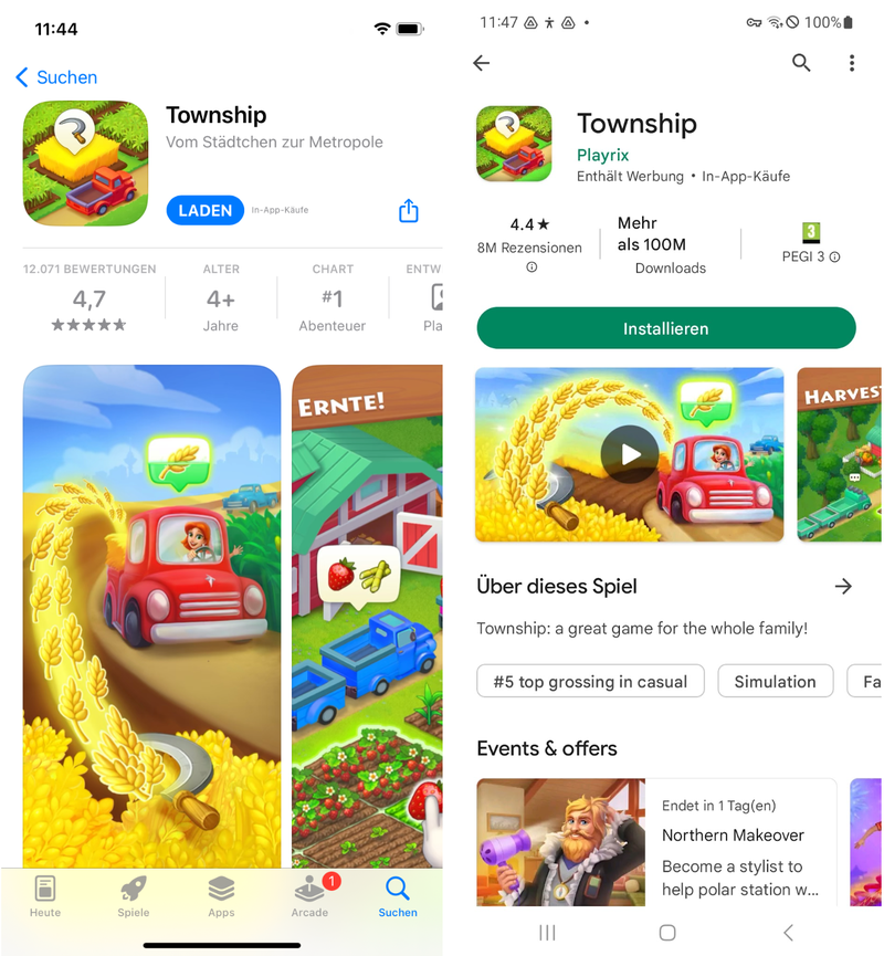 Screenshots der App Detailseite des Handyspiels Township im Apple App Store und Google Play Store