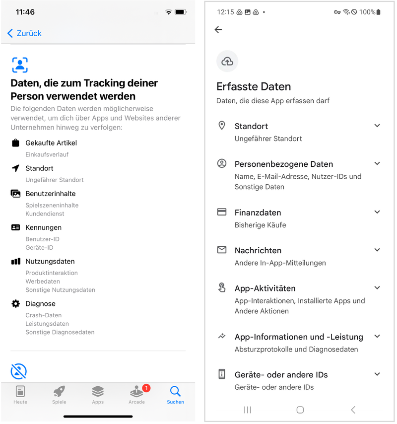 Screenshots von Apple App Store und Google Play Store, die zeigen, welche Daten Apps von ihren Usern erfassen
