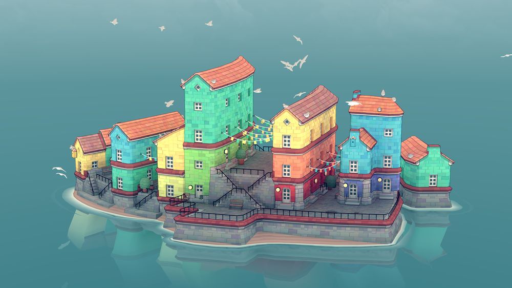 Screenshot of mobile game Townscaper, showing a colorful little island town