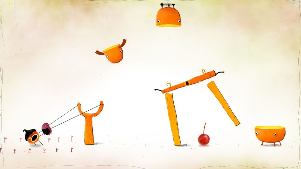 Screenshot of mobile game CHUCHEL, showing the character trying to get to the cherry