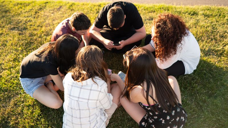 Sechs Jugendliche sitzen im Kreis auf einer Wiese und alle starren in ihre Handys