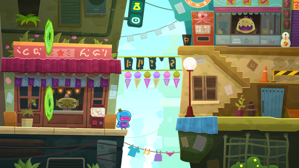 Screenshot of mobile game Bring You Home, showing the little alien trying to jump to the next building
