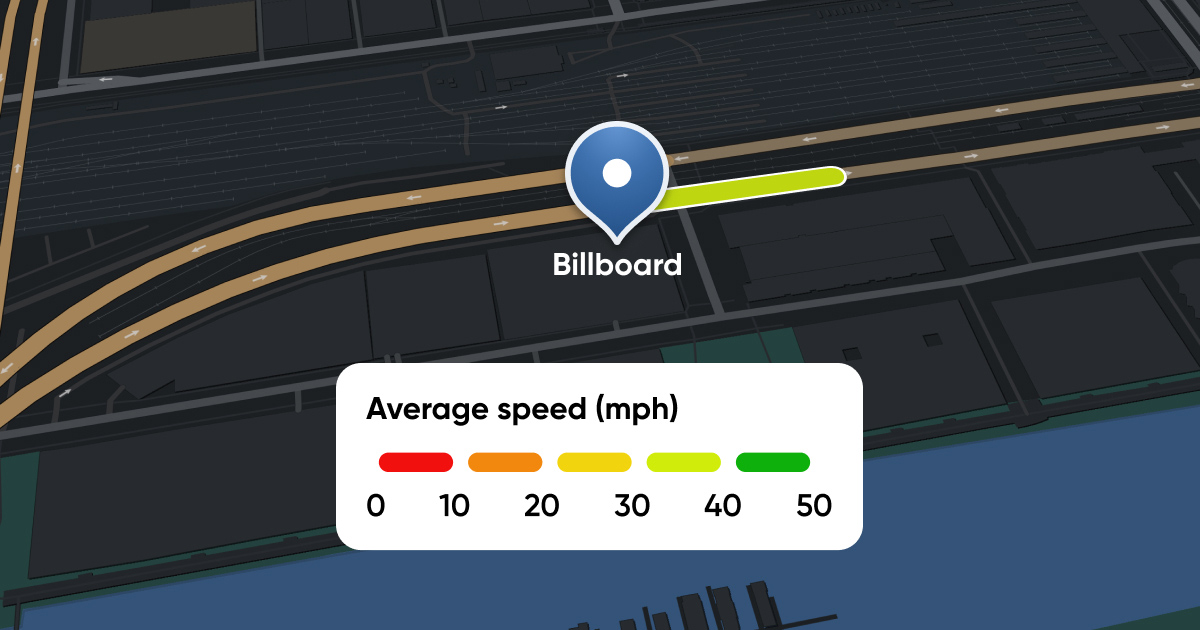 Map showing a location marked "Billboard" with a speed indicator ranging from red (0 mph) to green (50 mph) below it.