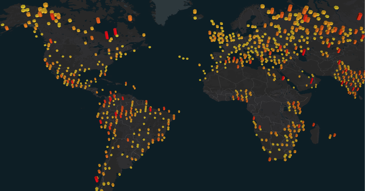 Map showing global data points with varying colors indicating intensity or density, concentrated in the Americas, Europe, and parts of Asia and Africa.
