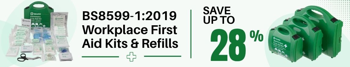 First aid kits and supplies with promotional text highlighting savings of up to 28% on workplace first aid kits and refills.