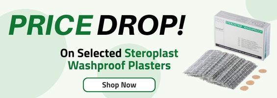 Price drop on selected Steroplast Washproof Plasters. Box of plasters displayed with a "Shop Now" button.