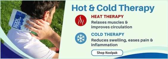 Man applying Koolpak to neck; text highlights benefits of heat therapy (muscle relaxation) and cold therapy (pain relief). "Shop Koolpak" button visible.