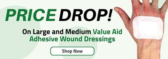Advertisement for a price drop on large and medium Value Aid adhesive wound dressings, with a hand wearing a bandage and a "Shop Now" button.