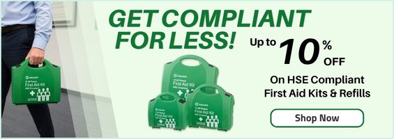 Man holding first aid kit, with text promoting up to 10% off on HSE compliant first aid kits and refills, and a "Shop Now" button.