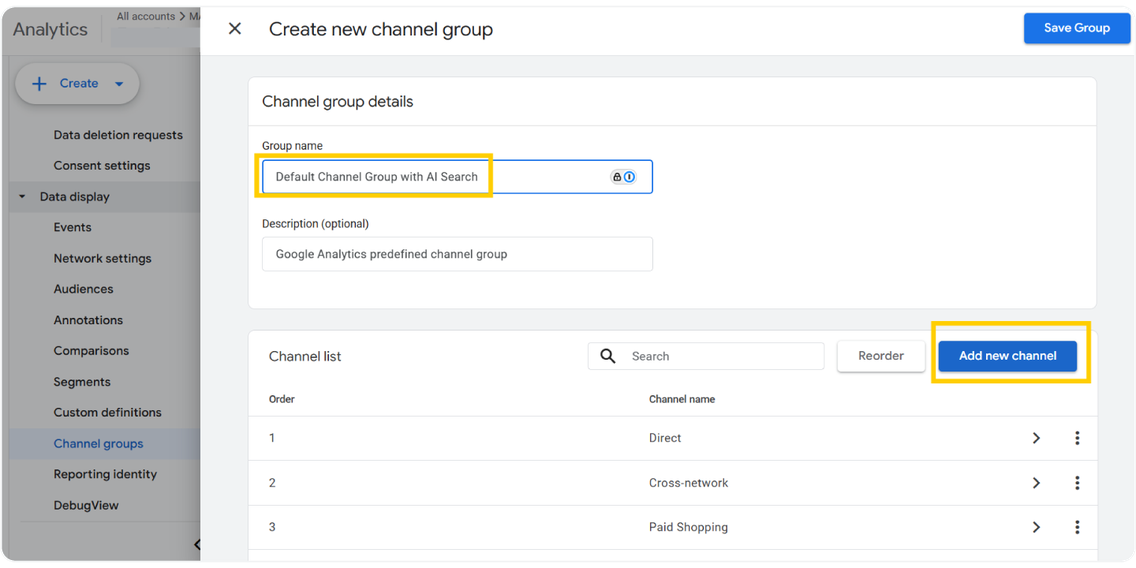 Nazwij to grupowanie kanałów “Default channel group with AI Search"