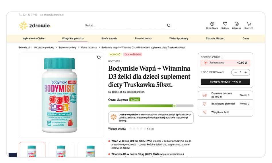 Bottle of Bodymisie calcium and vitamin D3 gummies for children, strawberry flavor, 50 pieces, shown on an online shopping page.