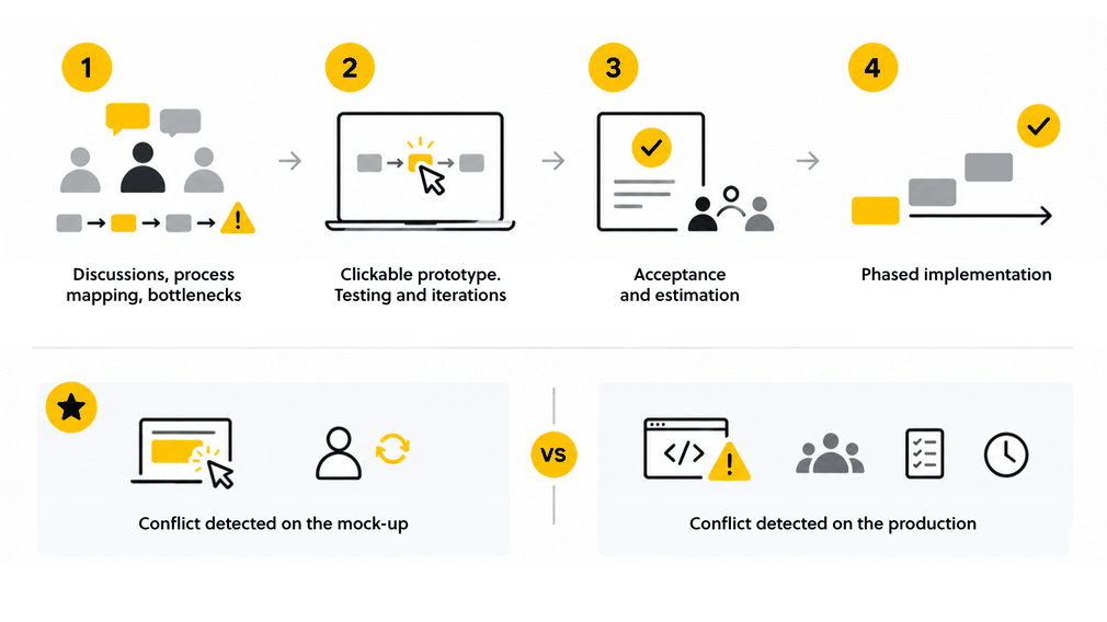 Flowchart illustrating a project process: discussions, prototype creation, acceptance, phased implementation, and conflict detection on mock-up vs production.
