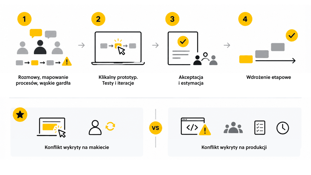 Flowchart illustrating four phases: discussions, clickable prototype, acceptance, and phased implementation, with conflict detection comparison.