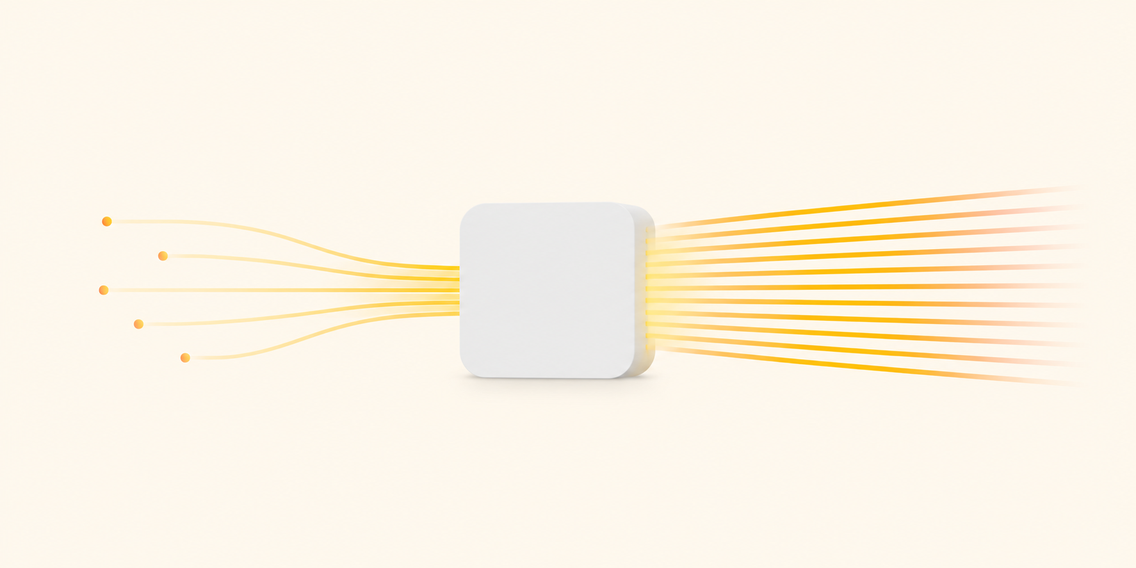 A white square device with yellow lines extending from it to the left and right on a light beige background, suggesting connectivity.