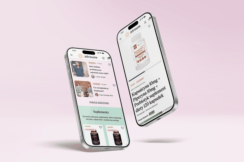 Two smartphones displaying a health-related website with articles and dietary supplement information against a pink gradient background.