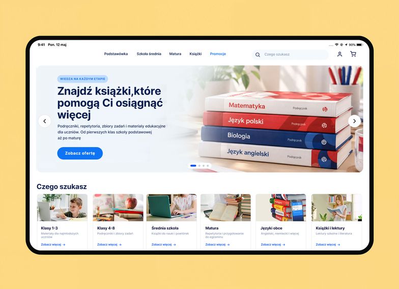 A tablet screen shows a website for educational books, featuring textbooks on subjects like Mathematics and Polish.