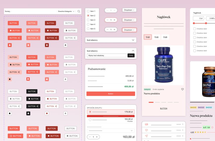 UI design mockup with various buttons, dropdowns, and input fields on a pink background. Includes product images and pricing sections.