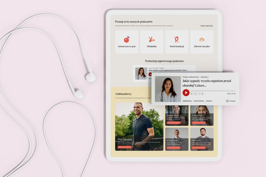 Tablet displaying a podcast website with a podcast episode highlighted, next to white earphones, on a light pink background.