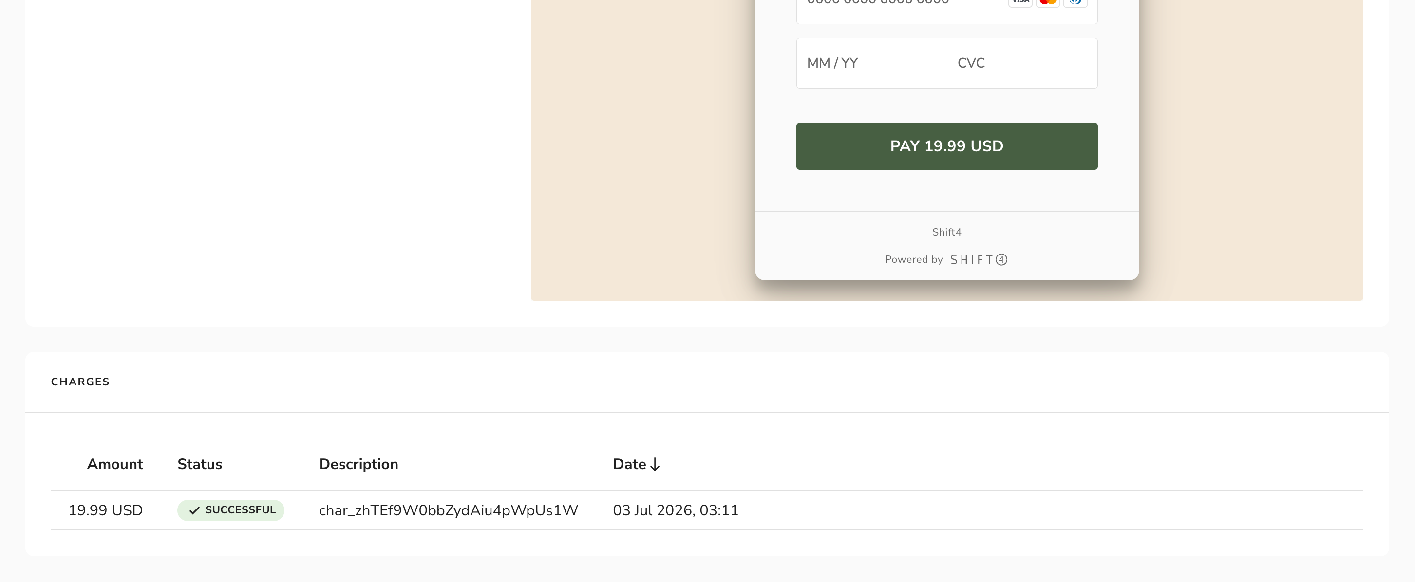 the Charges list on the payment link details page