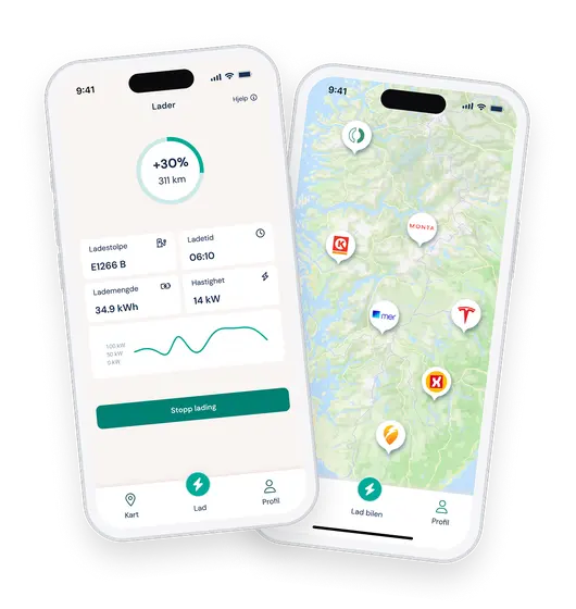 Two smartphone screens showing an electric vehicle charging app with charge details and a map of charging stations.