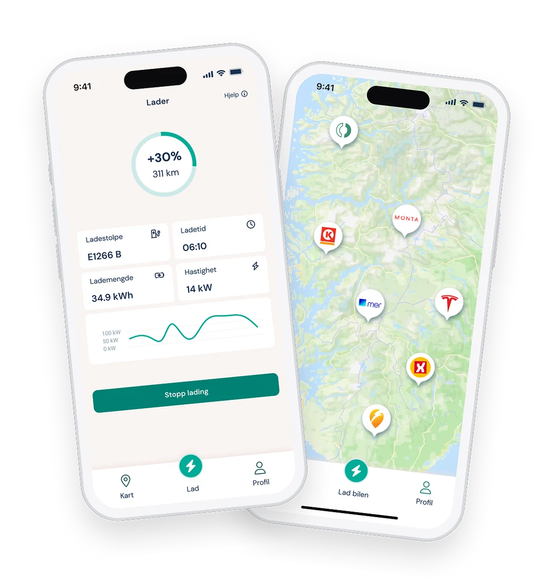 Two smartphone screens showing an electric vehicle charging app with charge details and a map of charging stations.
