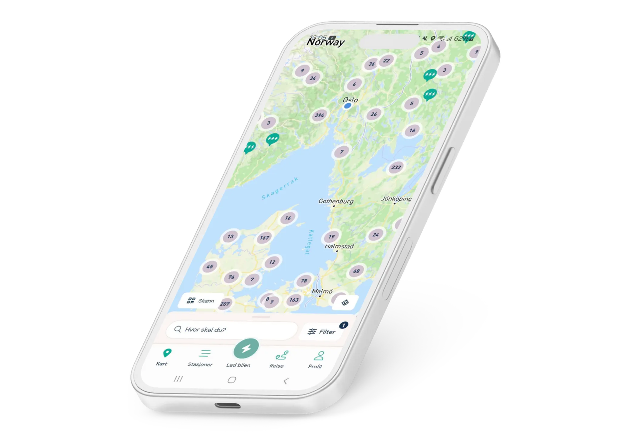 Du kan lade på flere ladestasjoner med ladeappen Elton